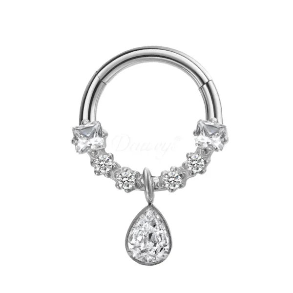 ASTM F136 titanium nose ring with cubic zirconia and teardrop crystal charm