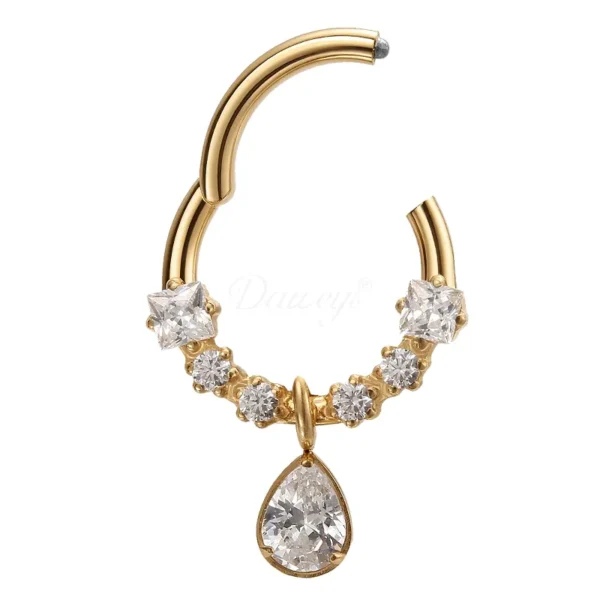 ASTM F136 titanium nose ring with cubic zirconia and teardrop crystal charm