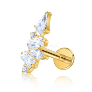 DS4573 ASTM F136 Titanium Threadless Labret Stud with Marquise Baguette CZ Fan Cluster Gold PVD Piercing Jewelry